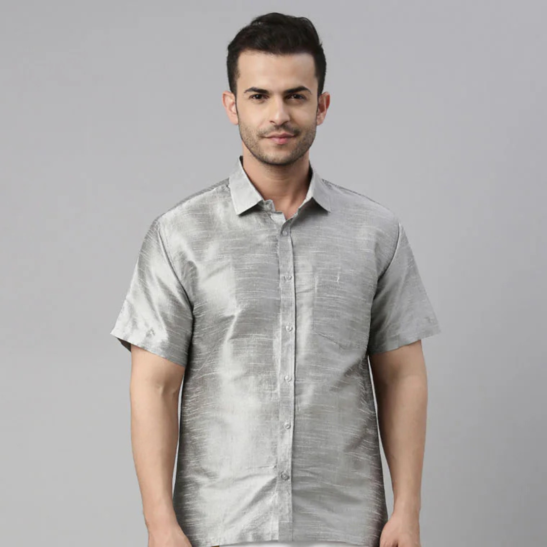 Men’s Grey And White Silk Blend Shirt